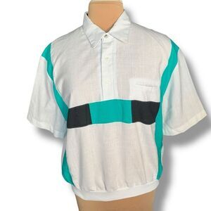 Vintage Alan Stuart Colorblock Printed Collared Short Sleeve Polo Shirt White